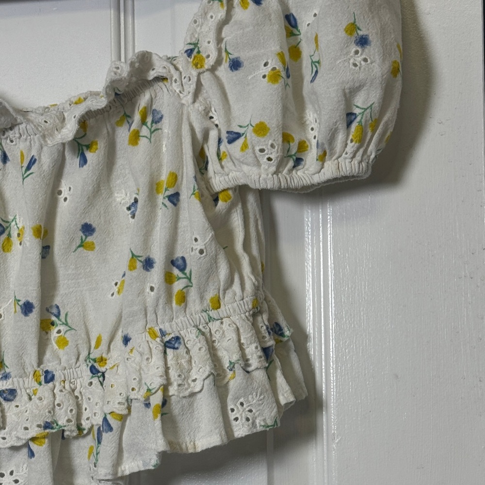 ZARA Floral Eyelet Puff Sleeve Smocked Back Ruffle Crop Top Cottagecore M - Picture 5 of 6
